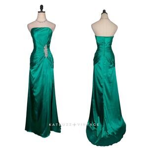 Vintage Prom Dress Maxi Gown 6 Green Y2K Glam Satin Bead Rhinestone Red Carpet